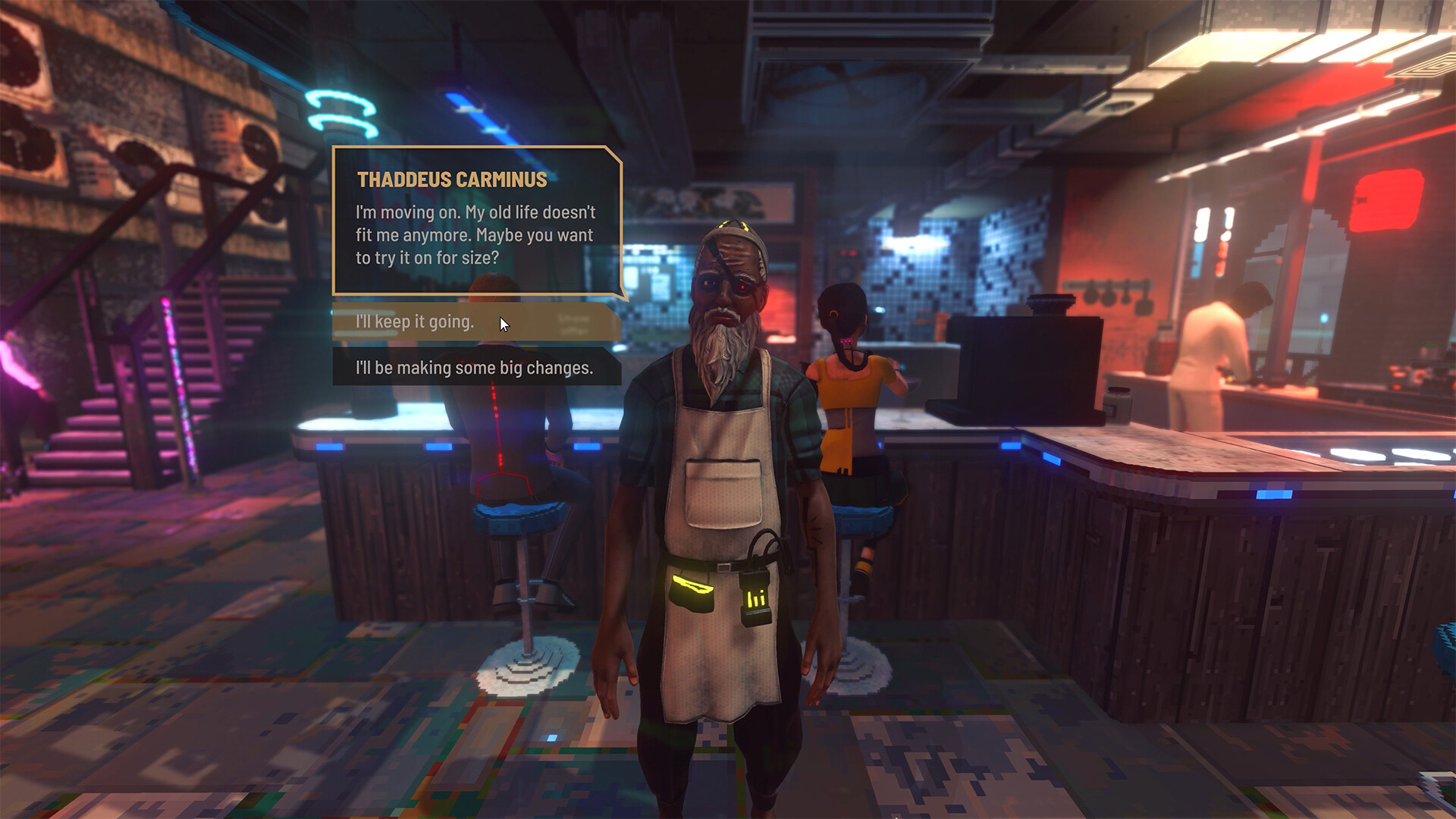 Thaddeus Carmunis speaking to the player inside a restaurant